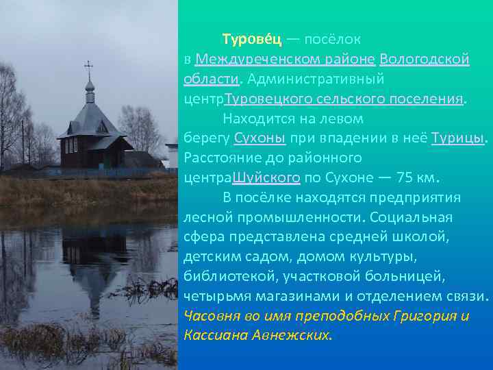 Турове ц — посёлок в Междуреченском районе Вологодской области. Административный центр. Туровецкого сельского поселения.