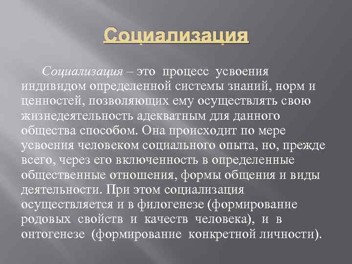 Социализация – это процесс усвоения индивидом определенной системы знаний, норм и ценностей, позволяющих ему