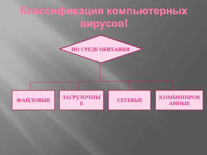 Классификация компьютерных вирусов ПО СРЕДЕ ОБИТАНИЯ ФАЙЛОВЫЕ ЗАГРУЗОЧНЫ Е СЕТЕВЫЕ КОМБИНИРОВ АННЫЕ 