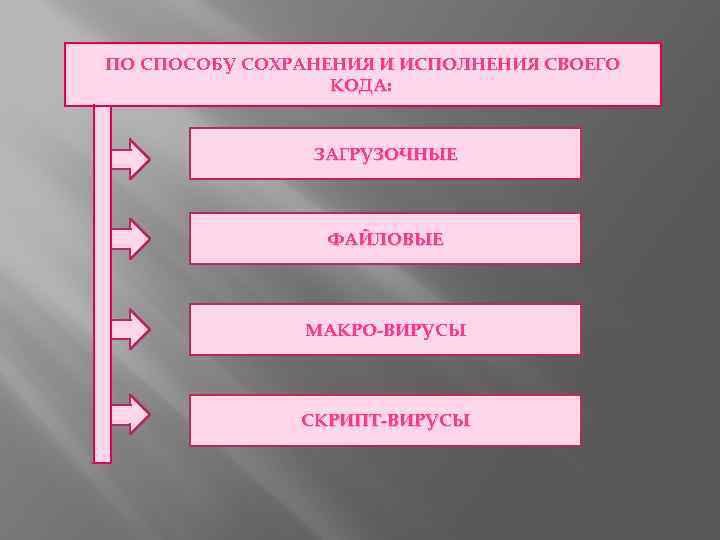 ПО СПОСОБУ СОХРАНЕНИЯ И ИСПОЛНЕНИЯ СВОЕГО КОДА: ЗАГРУЗОЧНЫЕ ФАЙЛОВЫЕ МАКРО-ВИРУСЫ СКРИПТ-ВИРУСЫ 