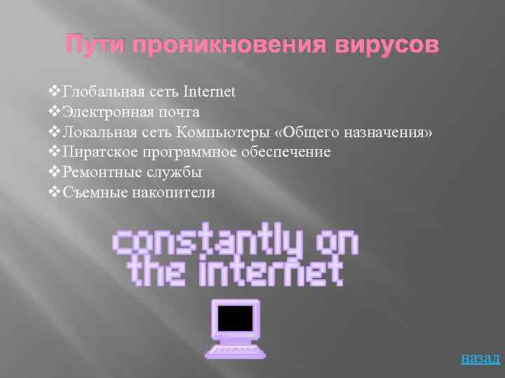 Пути проникновения вирусов v. Глобальная сеть Internet v. Электронная почта v. Локальная сеть Компьютеры