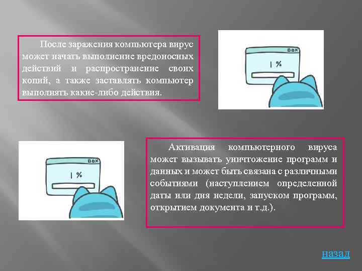 После заражения компьютера вирус может начать выполнение вредоносных действий и распространение своих копий, а