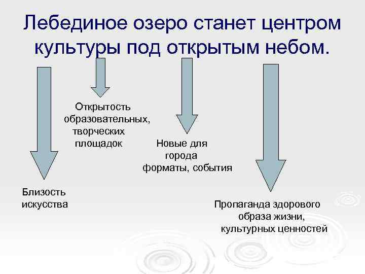 Лебединое озеро станет центром культуры под открытым небом. Открытость образовательных, творческих площадок Новые для