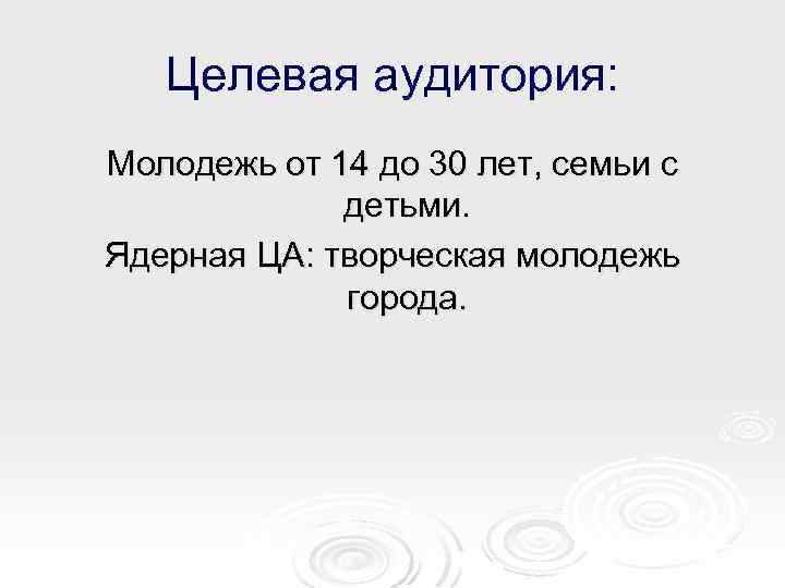 Целевая аудитория: Молодежь от 14 до 30 лет, семьи с детьми. Ядерная ЦА: творческая