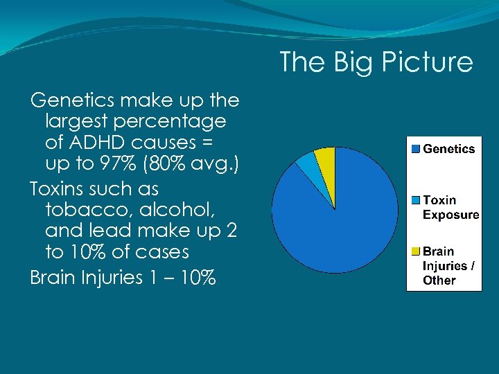 The Big Picture Genetics make up the largest percentage of ADHD causes = up