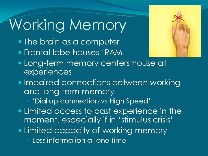 Working Memory The brain as a computer Frontal lobe houses ‘RAM’ Long-term memory centers