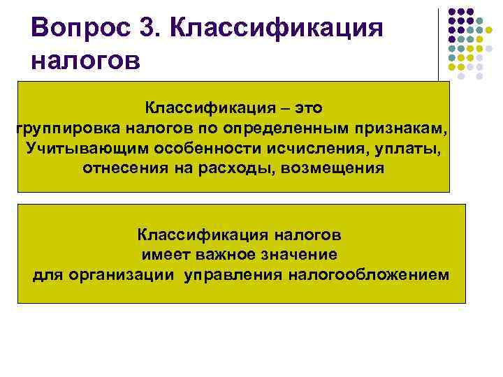 Вопрос 3. Классификация налогов Классификация – это группировка налогов по определенным признакам, Учитывающим особенности