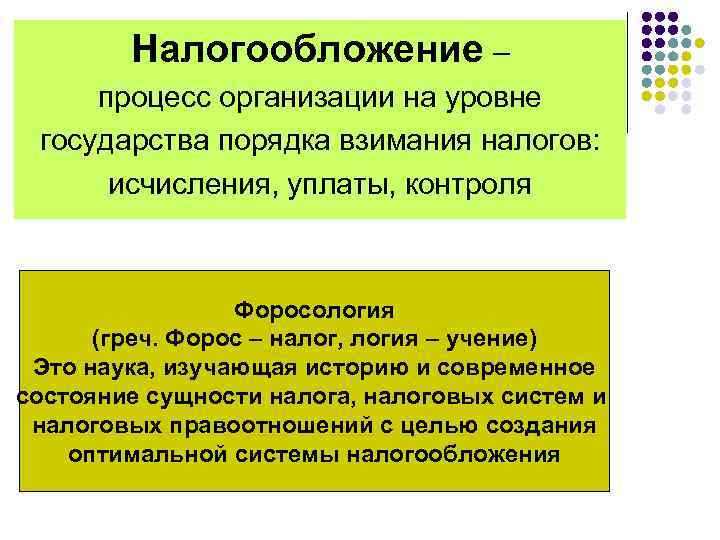 Налогообложение – процесс организации на уровне государства порядка взимания налогов: исчисления, уплаты, контроля Форосология