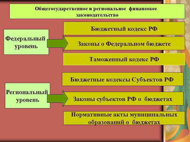 Общегосударственное и региональное финансовое законодательство Бюджетный кодекс РФ Федеральный уровень Законы о Федеральном бюджете