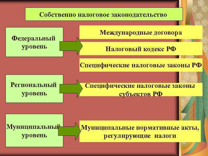 Собственно налоговое законодательство Федеральный уровень Международные договора Налоговый кодекс РФ Специфические налоговые законы РФ