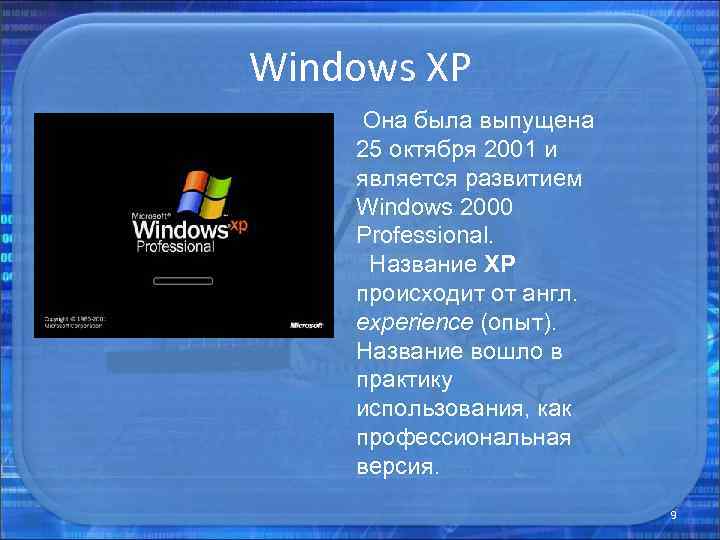Windows XP Она была выпущена 25 октября 2001 и является развитием Windows 2000 Professional.