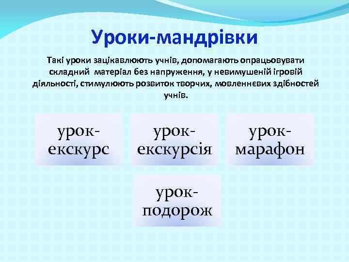 Уроки-мандрівки Такі уроки зацікавлюють учнів, допомагають опрацьовувати складний матеріал без напруження, у невимушеній ігровій