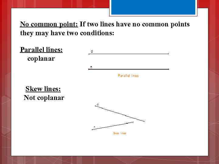 No common point: If two lines have no common points they may have two