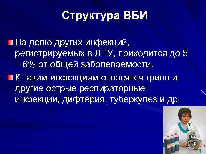 Структура ВБИ На долю других инфекций, регистрируемых в ЛПУ, приходится до 5 – 6%