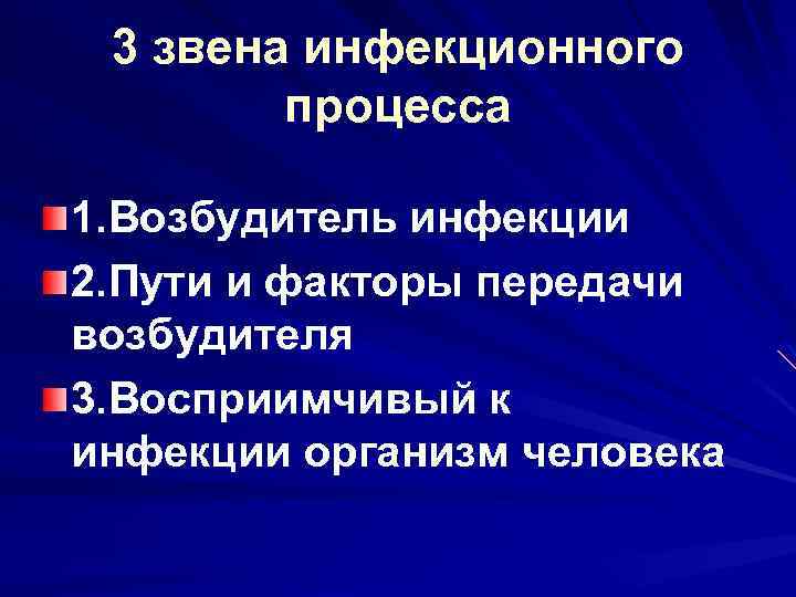 3 звена инфекционного процесса 1. Возбудитель инфекции 2. Пути и факторы передачи возбудителя 3.