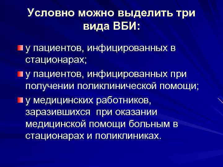 Условно можно выделить три вида ВБИ: у пациентов, инфицированных в стационарах; у пациентов, инфицированных