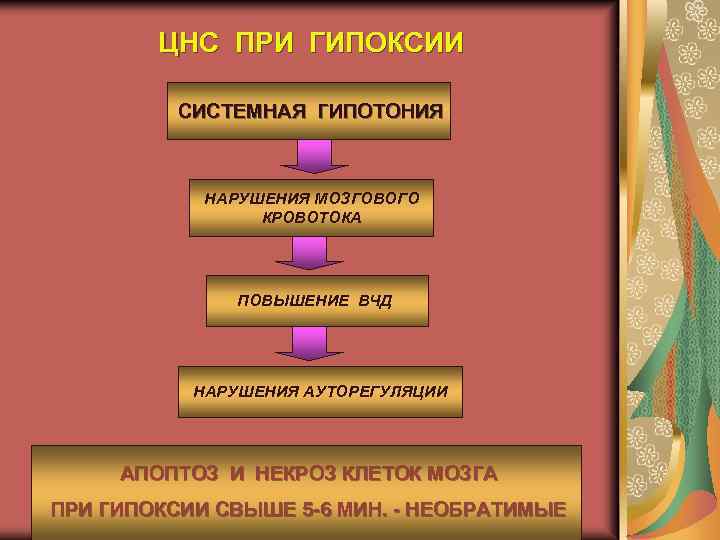 ЦНС ПРИ ГИПОКСИИ СИСТЕМНАЯ ГИПОТОНИЯ НАРУШЕНИЯ МОЗГОВОГО КРОВОТОКА ПОВЫШЕНИЕ ВЧД НАРУШЕНИЯ АУТОРЕГУЛЯЦИИ АПОПТОЗ И