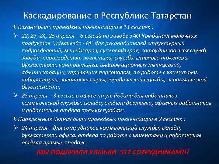 Каскадирование в Республике Татарстан В Казани были проведены презентации в 11 сессиях : Ø