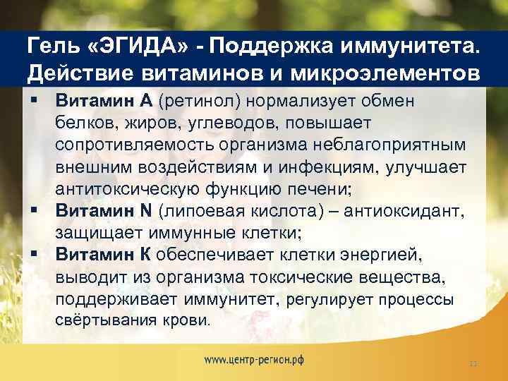 Гель «ЭГИДА» - Поддержка иммунитета. Действие витаминов и микроэлементов § Витамин А (ретинол) нормализует