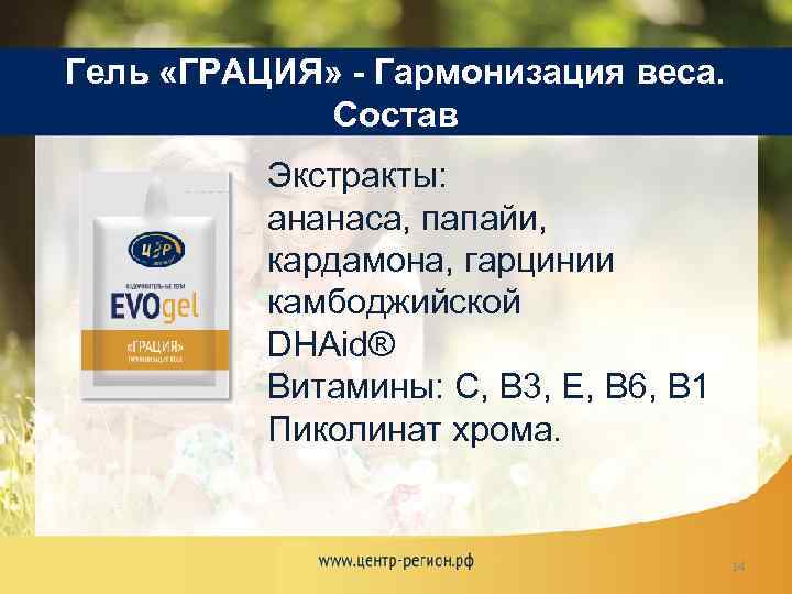Гель «ГРАЦИЯ» - Гармонизация веса. Состав Экстракты: ананаса, папайи, кардамона, гарцинии камбоджийской DHAid® Витамины: