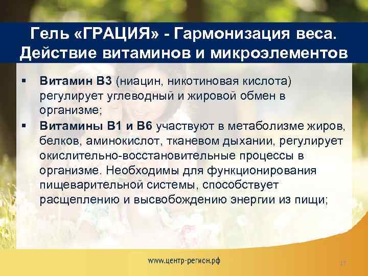 Гель «ГРАЦИЯ» - Гармонизация веса. Действие витаминов и микроэлементов § § Витамин В 3