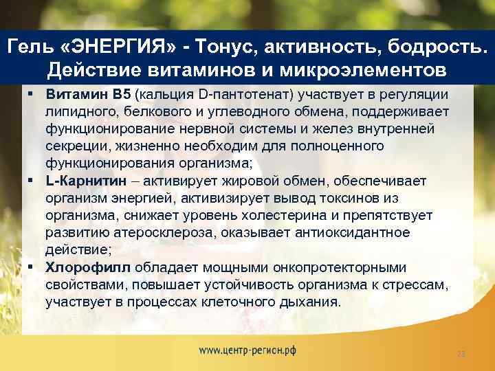 Гель «ЭНЕРГИЯ» - Тонус, активность, бодрость. Действие витаминов и микроэлементов § Витамин В 5