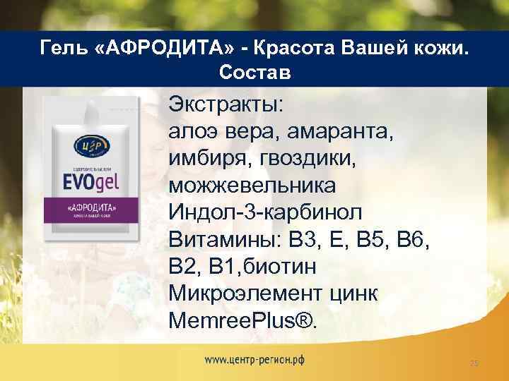 Гель «АФРОДИТА» - Красота Вашей кожи. Состав Экстракты: алоэ вера, амаранта, имбиря, гвоздики, можжевельника