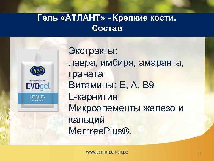 Гель «АТЛАНТ» - Крепкие кости. Состав Экстракты: лавра, имбиря, амаранта, граната Витамины: Е, А,