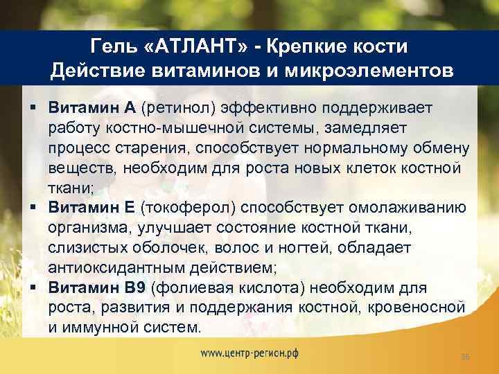Гель «АТЛАНТ» - Крепкие кости Действие витаминов и микроэлементов § Витамин А (ретинол) эффективно