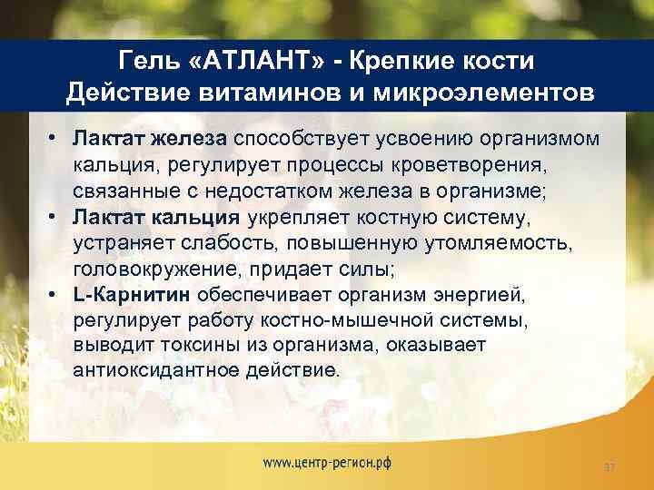 Гель «АТЛАНТ» - Крепкие кости Действие витаминов и микроэлементов • Лактат железа способствует усвоению