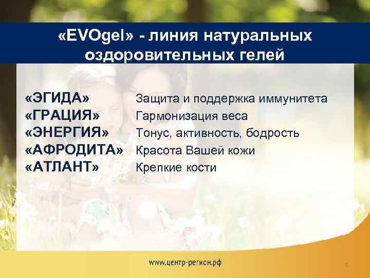  «EVOgel» - линия натуральных оздоровительных гелей «ЭГИДА» «ГРАЦИЯ» «ЭНЕРГИЯ» «АФРОДИТА» «АТЛАНТ» Защита и