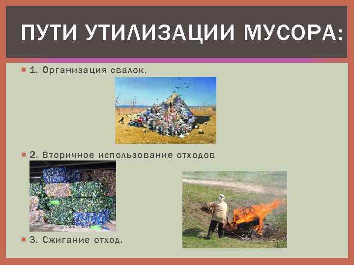 ПУТИ УТИЛИЗАЦИИ МУСОРА: 1. Организация свалок. 2. Вторичное использование отходов 3. Сжигание отход. 