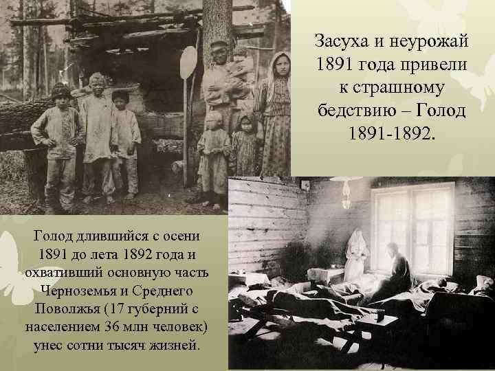 Засуха и неурожай 1891 года привели к страшному бедствию – Голод 1891 -1892. Голод