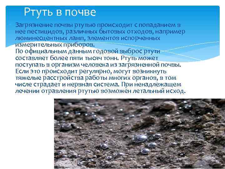 Ртуть в почве Загрязнение почвы ртутью происходит с попаданием в нее пестицидов, различных бытовых
