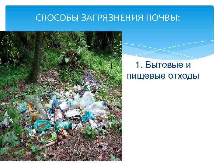СПОСОБЫ ЗАГРЯЗНЕНИЯ ПОЧВЫ: 1. Бытовые и пищевые отходы 