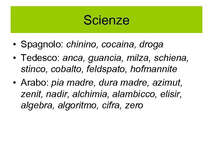 Scienze • Spagnolo: chinino, cocaina, droga • Tedesco: anca, guancia, milza, schiena, stinco, cobalto,