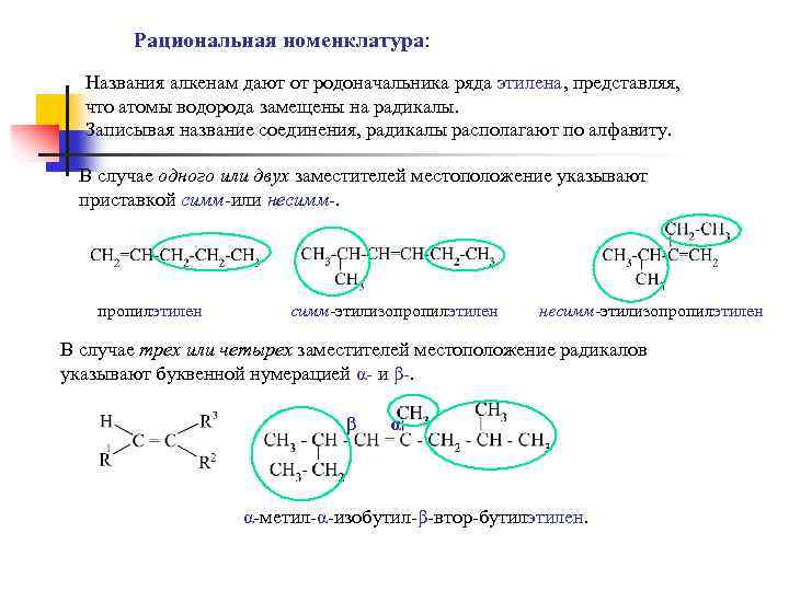 Рациональная номенклатура: Названия алкенам дают от родоначальника ряда этилена, представляя, что атомы водорода замещены