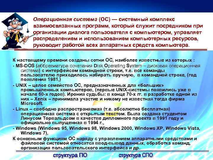Операционная система (ОС) — системный комплекс взаимосвязанных программ, который служит посредником при организации диалога