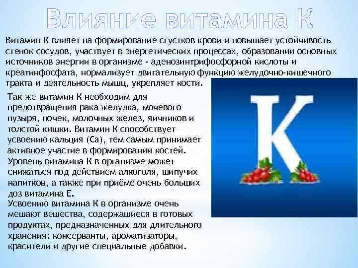 Влияние витамина К Витамин К влияет на формирование сгустков крови и повышает устойчивость стенок