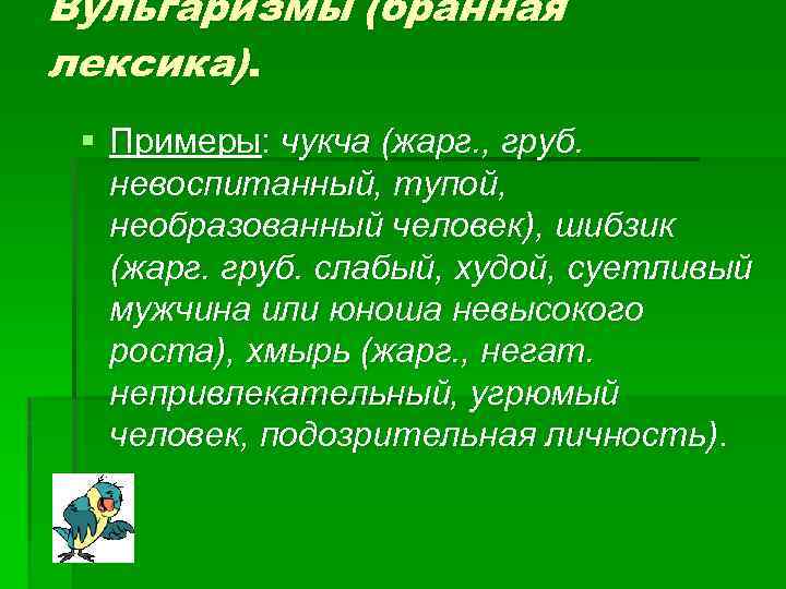 Вульгаризмы (бранная лексика). § Примеры: чукча (жарг. , груб. невоспитанный, тупой, необразованный человек), шибзик