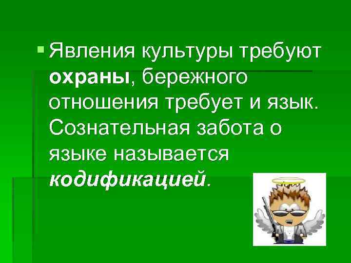 § Явления культуры требуют охраны, бережного отношения требует и язык. Сознательная забота о языке