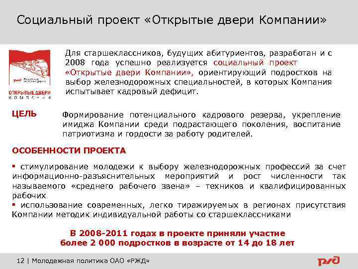 Социальный проект «Открытые двери Компании» Для старшеклассников, будущих абитуриентов, разработан и с 2008 года