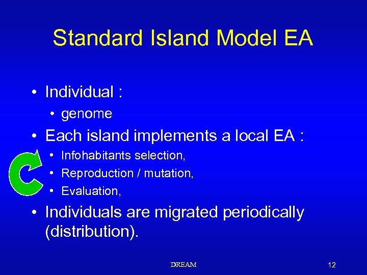 Standard Island Model EA • Individual : • genome • Each island implements a