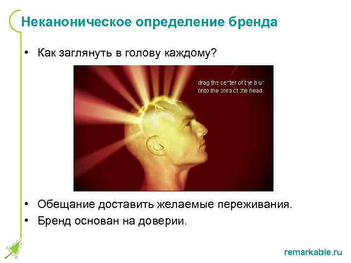 Неканоническое определение бренда • Как заглянуть в голову каждому? • Обещание доставить желаемые переживания.