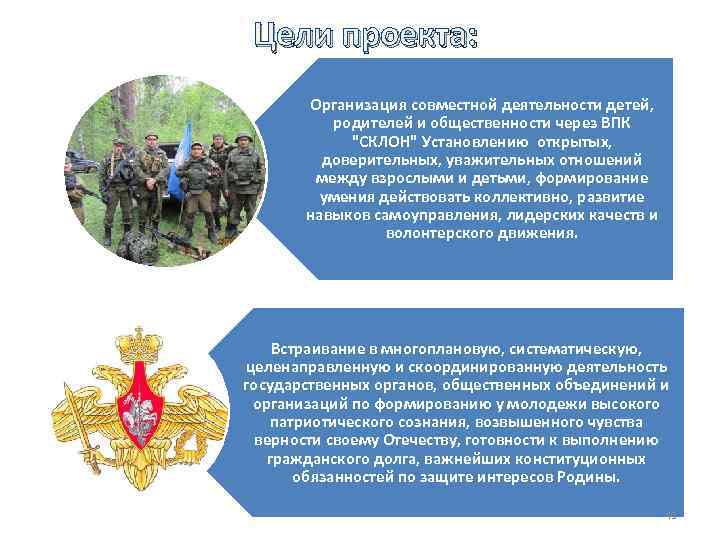 Цели проекта: Организация совместной деятельности детей, родителей и общественности через ВПК "СКЛОН" Установлению открытых,