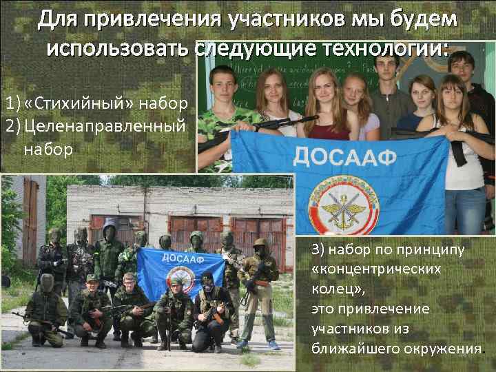 Для привлечения участников мы будем использовать следующие технологии: 1) «Стихийный» набор 2) Целенаправленный набор