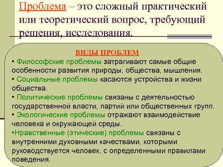 Проблема – это сложный практический или теоретический вопрос, требующий решения, исследования. ВИДЫ ПРОБЛЕМ •