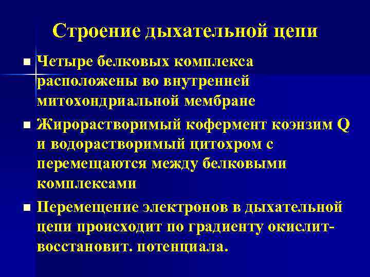 Строение дыхательной цепи n n n Четыре белковых комплекса расположены во внутренней митохондриальной мембране