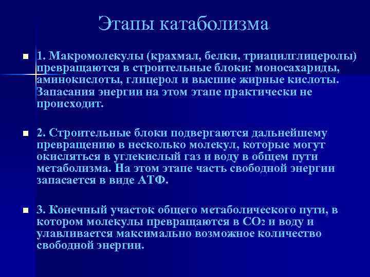 Этапы катаболизма n 1. Макромолекулы (крахмал, белки, триацилглицеролы) превращаются в строительные блоки: моносахариды, аминокислоты,