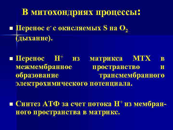 В митохондриях процессы: n Перенос е- с окисляемых S на О 2 (дыхание). n
